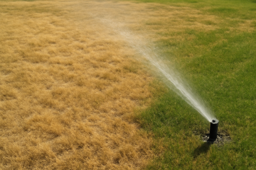 Pelouse jaunie avec zone en cours d’arrosage