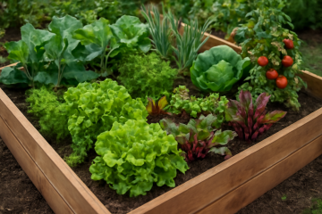 Carré potager surélevé rempli de légumes