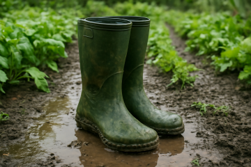 Bottes de jardin portées dans un potager humide