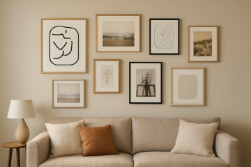 Mur de salon décoré avec cadres au-dessus d’un canapé