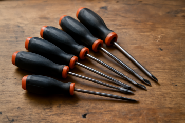 Jeu de tournevis posé sur établi