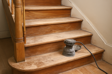 Escalier en bois en cours de rénovation avec ponçage