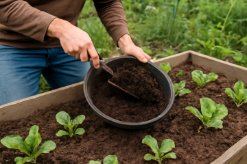 Ajout de compost dans un potager