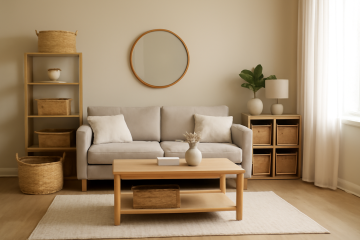 Pièce de vie organisée avec paniers de rangement