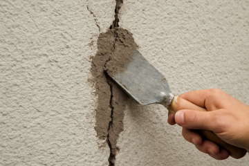 Mur extérieur avec fissure en cours de réparation