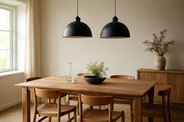 Salle à manger avec table en bois et suspensions