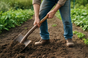 Travail du sol avec bêche dans potager