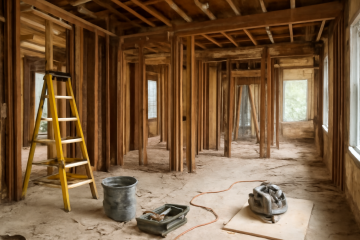Maison en rénovation avec murs ouverts et outils