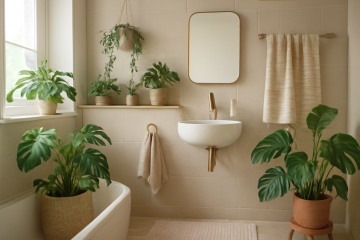 Salle de bain décorée avec plantes et textiles