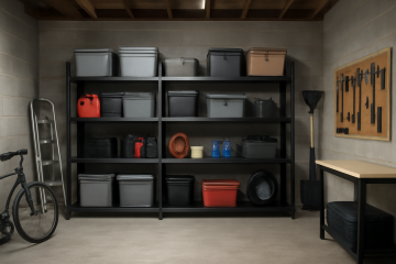 Garage organisé avec étagères murales