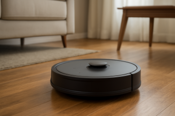 Robot aspirateur circulaire sur sol de salon