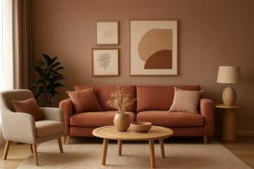 Salon décoré avec tons terracotta et beige