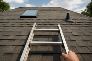 Toiture de maison inspectée depuis une échelle