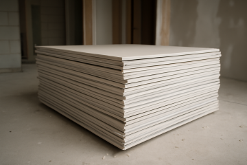 Plaques de plâtre empilées sur chantier
