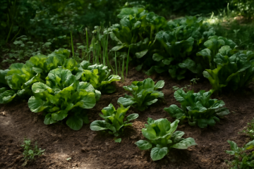 Potager à l’ombre avec salades et légumes verts
